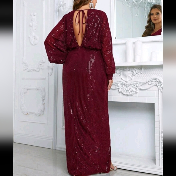 Luxe Plus Size Sequin Holiday Evening Party Prom Slit Dress Burgundy - Picture 2 of 5